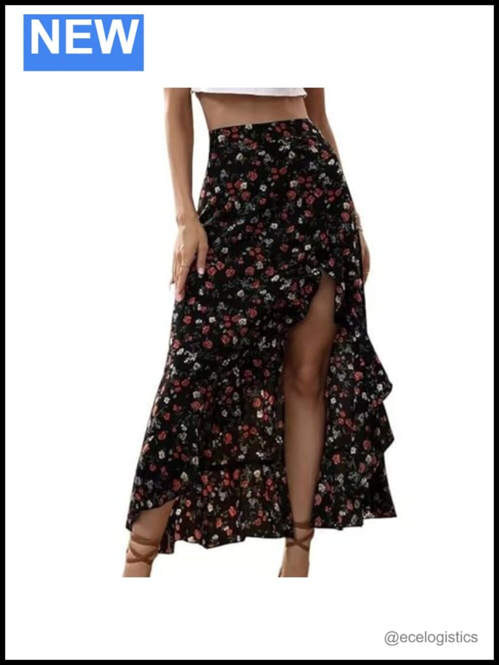 Boho Floral Print Wrap Skirt Women Flowy High Waist Split Hem Midi